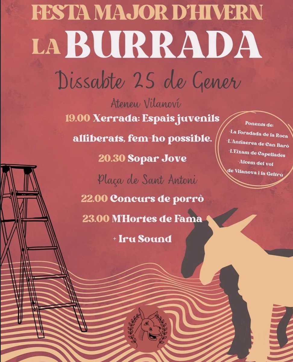 ArranVilanova's tweet photo. ❤️‍🔥 Dissabte organitzem la segona edició de La Burrada, festa major d’hivern! 

🐴 Començarem amb una xerrada sobre espais juvenils alliberats. Seguirem amb el sopar jove, un concurs de beure amb porró i, per acabar, festeta.

🚀 No sigueu burros, no us ho perdeu! https://t.co/AspAss2aXM