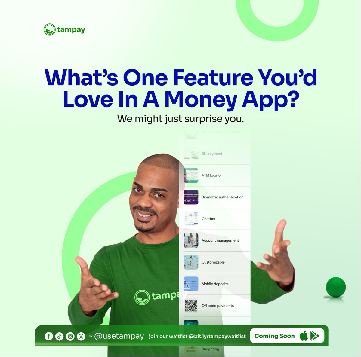 usetampay's tweet photo. What FEATURE will make you actually pay attention to a bank app? 🧐 Drop it below

#Tampay #BankingButMakeItBetter #ComingSoon https://t.co/QDpPjeoFbm
