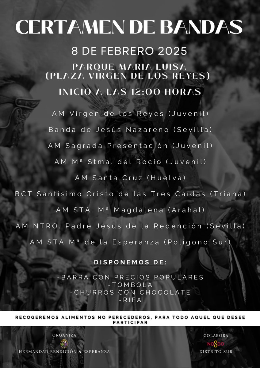 ByE_PoligonoSur's tweet photo. 🎼𝐂𝐞𝐫𝐭𝐚𝐦𝐞𝐧 𝐝𝐞 𝐁𝐚𝐧𝐝𝐚𝐬🎼 organizado por la Hermandad Bendición y Esperanza , colaboración @Dto_Sur 

🗓️ Sábado 8 de febrero
🕛12:00 horas
📍Lugar: Parque María Luisa 
(Plaza Virgen de los Reyes)

Servicio de barra, rifa, tómbola y churros con chocolate

#TDSCofrade https://t.co/Iz0OaG1tfR