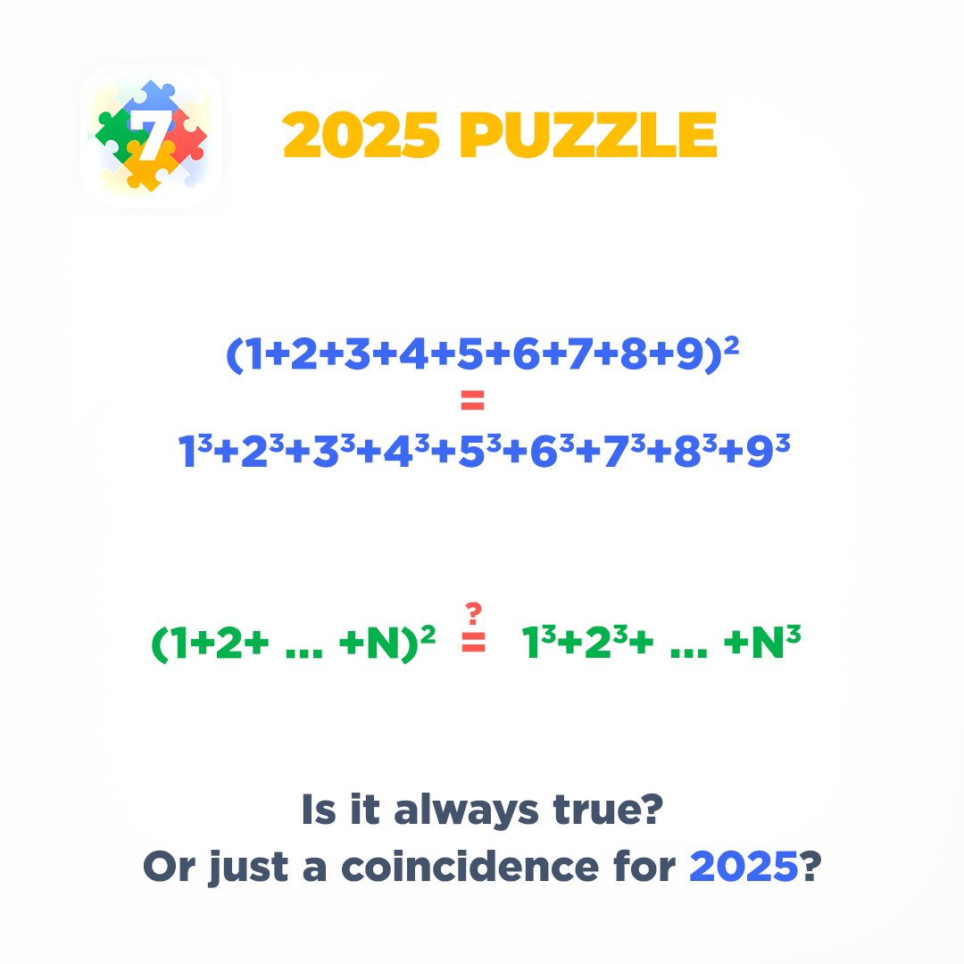 euclidea_app's tweet image. ❄️ The square of the sum of consecutive numbers starting from 1 equals the sum of their cubes. Is this always true, or is it a magical coincidence for #2025?

#maths #2025puzzle #euclidea