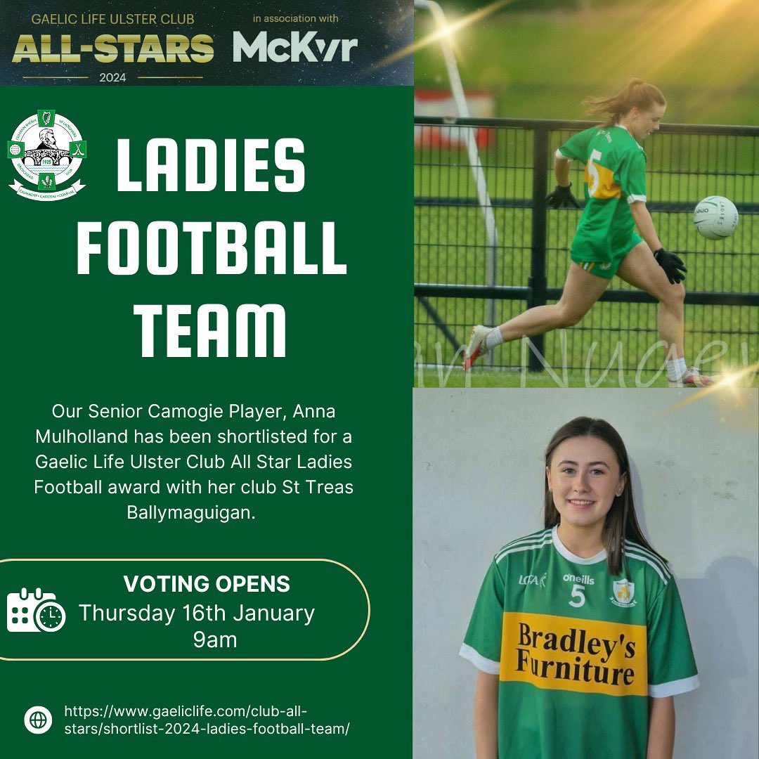 NewbridgeCLG's tweet photo. ALL STAR NOMINATIONS ⭐️

Congratulations to both Anna Mulholland &amp; Callum McGrogan for their Gaelic Life Ulster Club all star nominations. 

Please show your support 🗳️

Callum: https://t.co/QSI20eGyXD

Anna: https://t.co/PFU64EqGlY https://t.co/gmyq5H0GBF