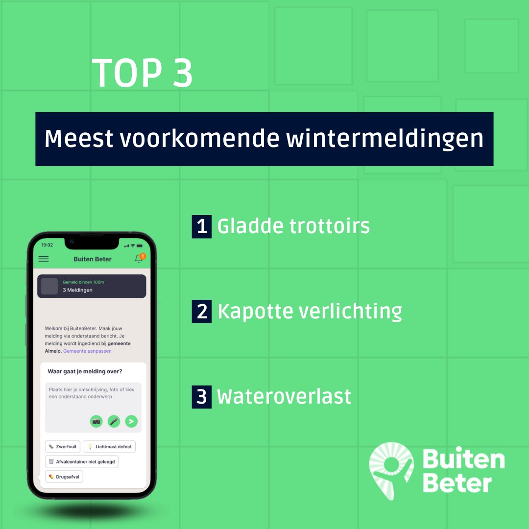 ❄️ De winter brengt niet alleen kou met zich mee, maar ook een paar bekende uitdagingen in de openbare ruimte. Hieronder zie je de 3 meest voorkomende wintermeldingen in de BuitenBeter app! 📱 Ervaar jij ook een van deze ongemakken? Meld het in de BuitenBeter app!