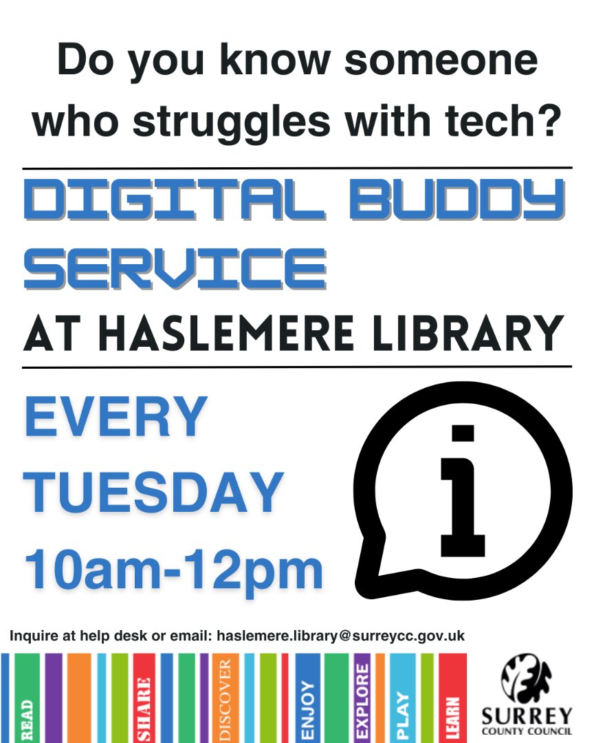 HaslemereLib's tweet photo. Do you know someone who struggles with tech?
Our #DigitalBuddy Service is here to help every step of the way!
Gain confidence in #DigitalLiteracy and get connected online!
@SurreyLibraries #ItsMylibrary #HaslemereLibrary https://t.co/RW7nCQn74F