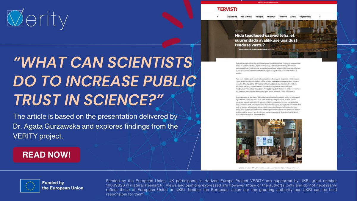 VerityEU's tweet photo. New article:"What Can Scientists Do to Build Public Trust in Science?"

Inspired by Dr. Agata Gurzawska's talk in Tartu, part of the #VERITYproject, it explores how engagement &amp; collaboration foster trust in science.🌍🔬

Read in Estonian the article here:https://t.co/kzQfWEmFIq. https://t.co/niS6QaVCyk