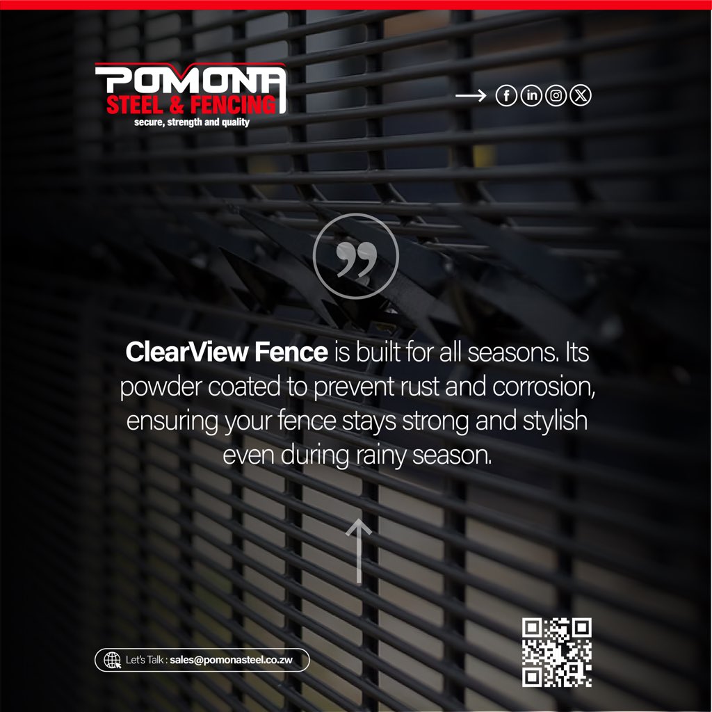 pomonasteel's tweet image. ClearView Fence is built for all seasons. Its powder coated to prevent rust and corrosion, ensuring your fence stays strong and stylish even during rainy season. 

🌐 pomonasteel.co.zw

#ClearViewFence #PomonaSteel #Protection