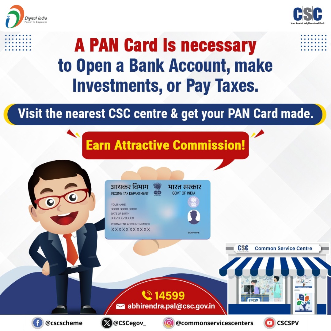 csc_fintech's tweet photo. Dear VLEs,
PAN card is necessary to open Bank Account, So Apply PAN Card at your CSC Center and earn good commission.
You can apply New PAN Cards and Update PAN Card details. For any query Call 14599.
#CSC #SPV #DigiPay #PAN #PANservice #UTI #NSDL #Protean https://t.co/foJfj7kYB0