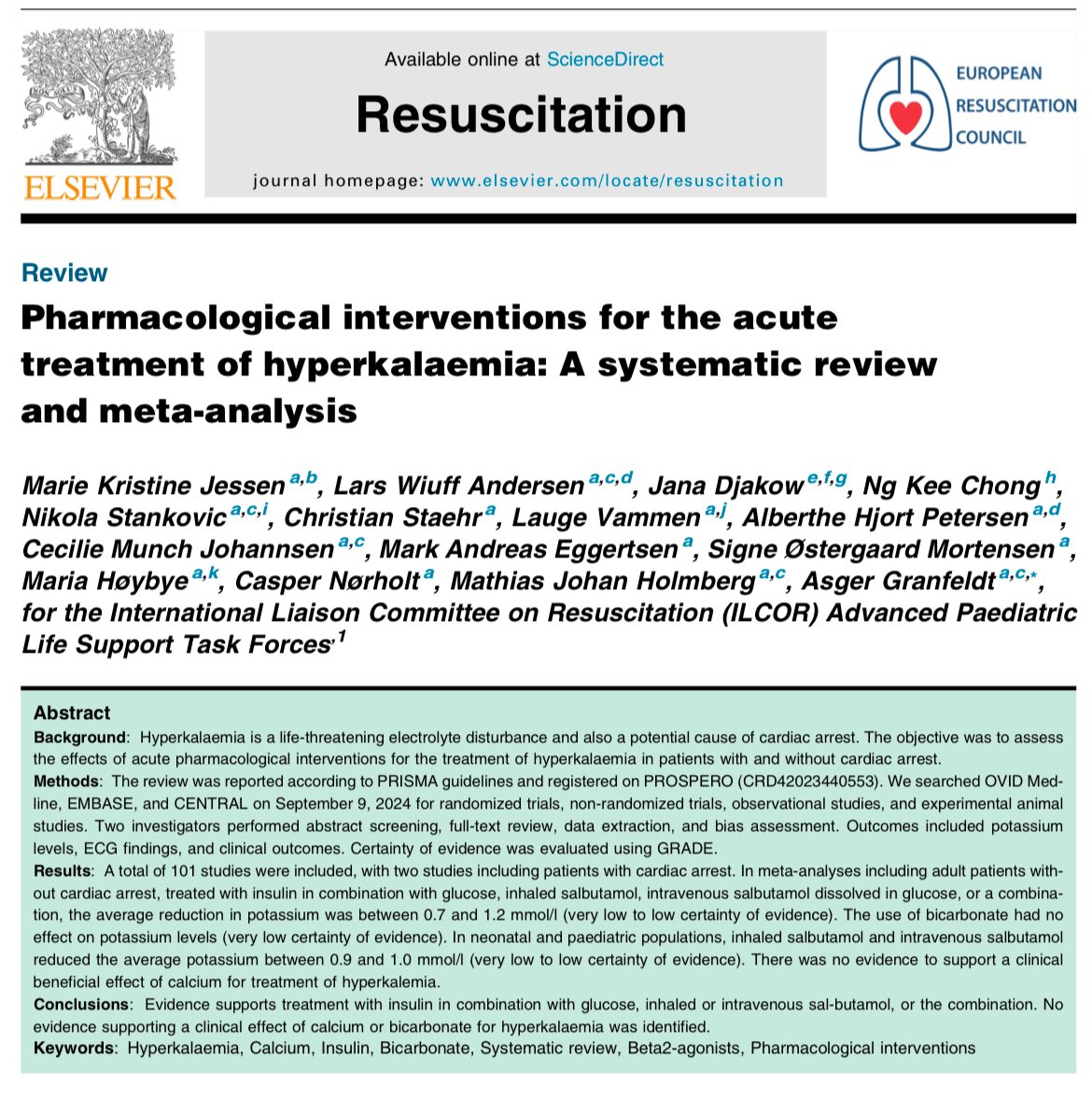 Christian Staehr (@chrstaehr) on Twitter photo Should you use calcium to treat #hyperkalemia? 💉 Our new systematic review in <a href="/ResusJournal/">Resuscitation</a> (sciencedirect.com/science/articl…) found no evidence supporting calcium for hyperkalemia management.
Thanks to <a href="/AsgerGranfeldt/">Asger Granfeldt</a> & <a href="/MarieKJessen/">Marie Jessen</a> for inviting me to be part of this work!
<a href="/Ilcor_org/">ILCOR</a> Should you use calcium to treat #hyperkalemia? 💉 Our new systematic review in <a href="/ResusJournal/">Resuscitation</a> (sciencedirect.com/science/articl…) found no evidence supporting calcium for hyperkalemia management.
Thanks to <a href="/AsgerGranfeldt/">Asger Granfeldt</a> & <a href="/MarieKJessen/">Marie Jessen</a> for inviting me to be part of this work!
<a href="/Ilcor_org/">ILCOR</a>