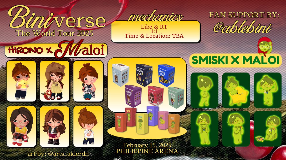 ablebini's tweet image. ✨ BINIverse: The World Tour ✨
Fan Support by @ablebini 

@bini_maloi X HIRONO X SMISKI KEYRINGS

🌸 Exact time &amp;amp; loc: TBA (basta sa PH Arena)
🌸 1:1 ratio
🌸 LIMITED quantity 
🌸 Like, retweet, and show this tweet to me on D-day! 
🌸 arts by: @arts_akierdn (IG)

See you sa PH…