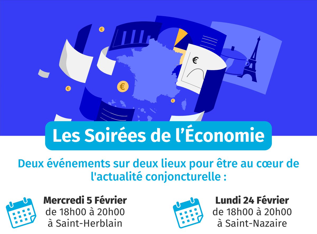 📢 [#Conjoncture] Ne manquez pas les Soirées de l'Économie avec la Banque de France, votre rendez-vous essentiel pour une vue d'ensemble sur l'économie internationale, nationale et régionale !

Au programme :
· Les dernières données macroéconomiques à l’#international, en #Europe