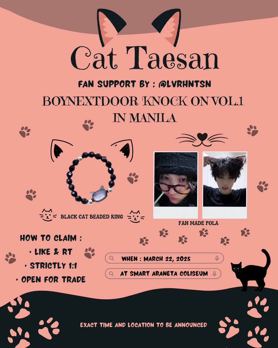 Boynextdoor 'Knock on vol. 1 in Manila 

🐈‍⬛ CAT TAESAN 🐈‍⬛

Fan support by <a href="/lvrhntsn/">aice ; ◡̎</a> ♡

• like &amp; rt
• approach me nicely~
• limited qty.

see you soon, onedoors! ♡

#KNOCK_ON_Vol_1 #BOYNEXTDOORinMANILA
#KNOCK_ON_Vol_1_IN_MANILA