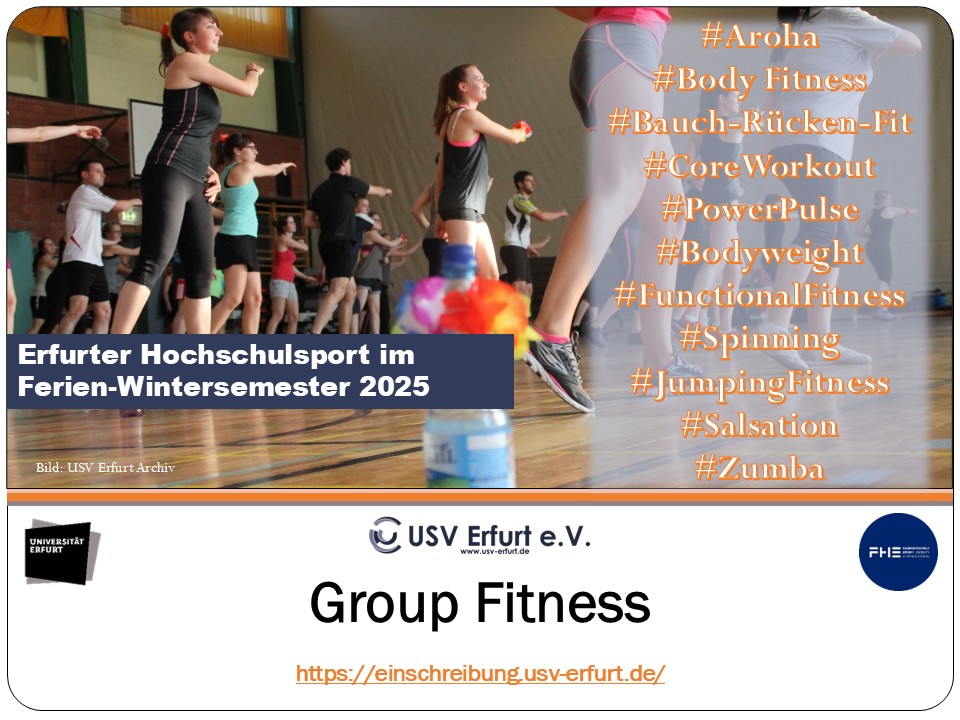 USV_Erfurt's tweet photo. Group Fitness im ERFURTER HOCHSCHULSPORT
Am Mittwoch, 29.01.25 um 12 Uhr startet die Einschreibung für das Ferien-Wintersemester 2025.
https://t.co/sW9hGSnsWV
#usverfurt #hochschulsport #feriensemester #spinning #aroha #salsation #zumba 
@unierfurt @SturaUniErfurt @StuRa_FHE https://t.co/AtQtzFMrnm