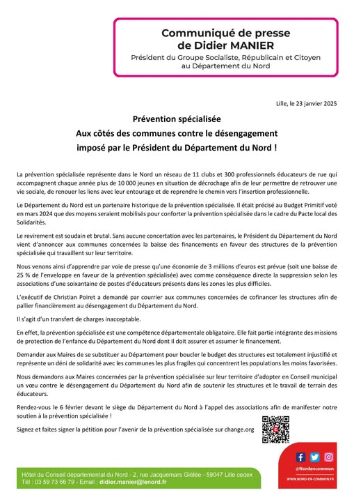 Soutenons la prévention spécialisée ! <a href="/departement59/">Département du Nord</a> envisage de réduire ses subventions de 25%. A terme, la perte de 60 éducateurs et un coût humain lourd pour les jeunes comme pour la société. #Prévention #Protection #Enfance