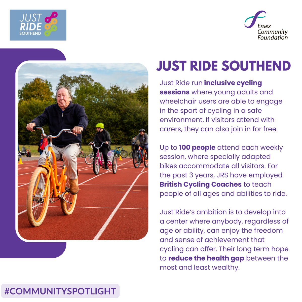 In this week's #CommunitySpotlight, we feature the brilliant Just Ride Southend.

Their popular inclusive cycling sessions are held in a safe, nurturing environment where people of all ages and abilities can enjoy the freedom of independent cycling. 🚲
