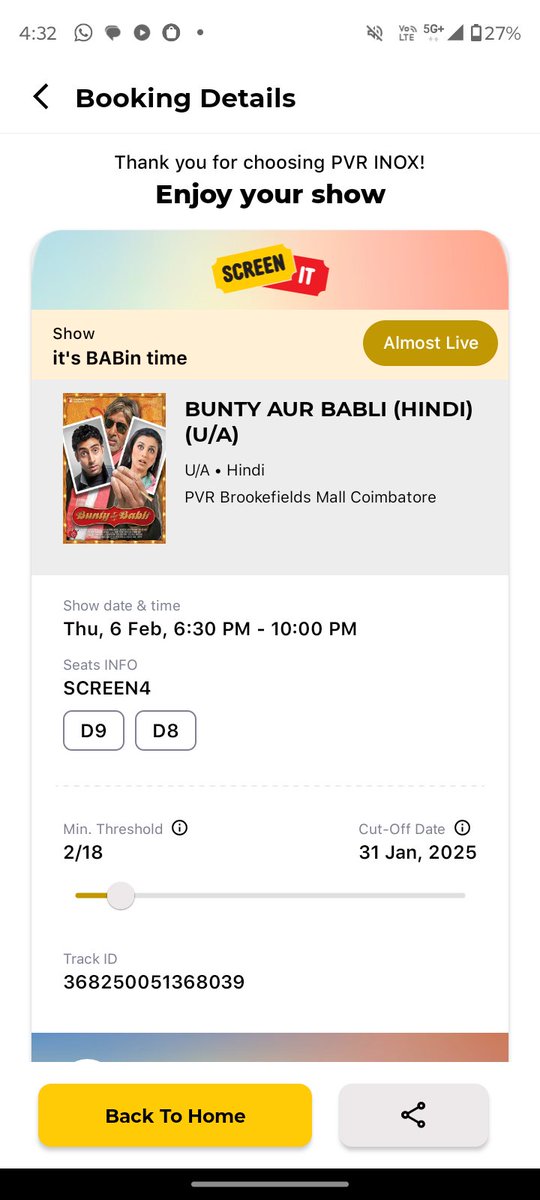 S_Rahul96's tweet image. #PVRINOX #ScreenIT
Attention cinephiles of Coimbatore! 🚨 
I have created a ScreenIT show in PVR application for #BuntyAurBabli #ItsBABintime 
Venue: Screen 4, PVR Brookefields Mall
Date: 06-Feb-2025
Showtime: 6:30 PM
Cut-off period: 29-Jan-2025(My Birthday)