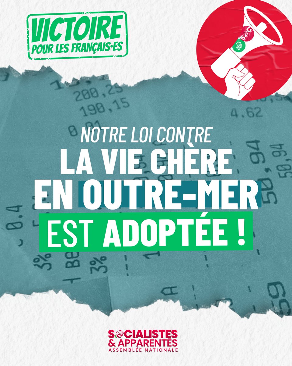 ✅ Première victoire pour les Français·es

Notre proposition de loi portée par <a href="/BeatriceBellay/">Béatrice BELLAY</a> pour lutter contre la vie chère en Outre-mer est adoptée par l'Assemblée nationale !

#LoisSOC