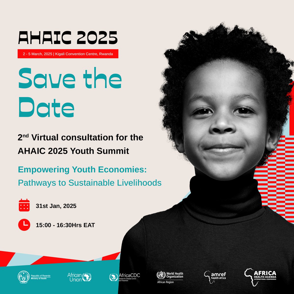 📢 Save the Date! Join us on Jan 31 for our second virtual consultation, Empowering Youth Economies: Pathways to Sustainable Livelihoods. Learn solutions for youth employment &amp; entrepreneurship. Reserve your spot today: amref.zoom.us/webinar/regist…

#YouthEmpowerment #AHAIC2025