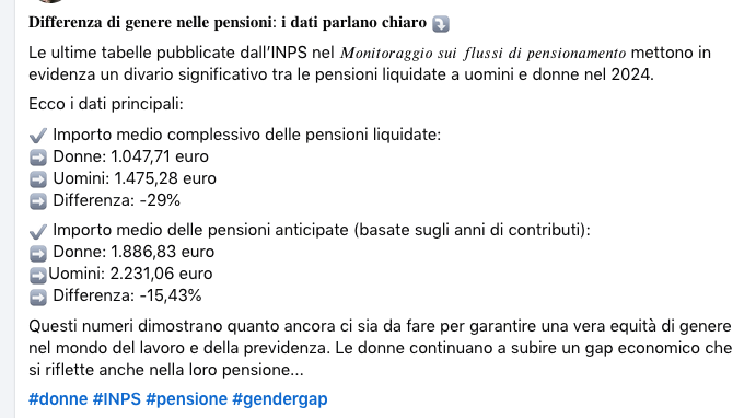 marcellacannar2's tweet photo. 𝐃𝐢𝐟𝐟𝐞𝐫𝐞𝐧𝐳𝐚 𝐝𝐢 𝐠𝐞𝐧𝐞𝐫𝐞 𝐧𝐞𝐥𝐥𝐞 𝐩𝐞𝐧𝐬𝐢𝐨𝐧𝐢: 𝐢 𝐝𝐚𝐭𝐢 𝐩𝐚𝐫𝐥𝐚𝐧𝐨 𝐜𝐡𝐢𝐚𝐫𝐨 ⤵️ 

Le ultime tabelle pubblicate dall’#INPS mettono in evidenza un divario significativo tra le #pensioni liquidate a #uomini e #donne nel 2024. https://t.co/CI6KrdHJmC