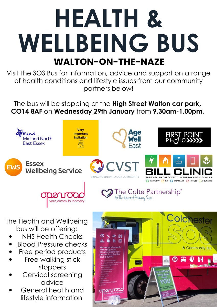 Our SOS &amp; Community Bus becomes a Health &amp; Wellbeing Bus next Wednesday 29 Jan in Walton-on-the-Naze. We'll be there between 9.30am &amp; 1pm. Details on the attached poster. Part of the PHAB funding received from <a href="/Essex_CC/">Essex County Council</a> &amp; the local NHS.