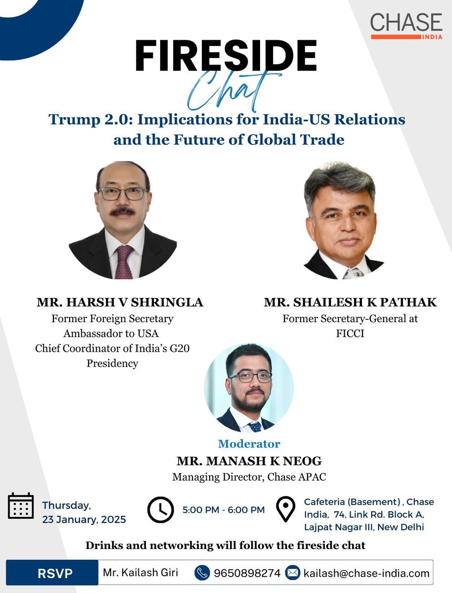 Avian We. (@avianwe) on Twitter photo How will Trump 2.0 reshape India-US relations and global trade? Renowned policy experts <a href="/HarshShringla/">Harsh V Shringla</a> and <a href="/shypk/">Shailesh K. PATHAK</a> unpack the opportunities and challenges in a candid conversation, moderated by <a href="/manashsamar/">Manash K Neog</a>.
@chase_india How will Trump 2.0 reshape India-US relations and global trade? Renowned policy experts <a href="/HarshShringla/">Harsh V Shringla</a> and <a href="/shypk/">Shailesh K. PATHAK</a> unpack the opportunities and challenges in a candid conversation, moderated by <a href="/manashsamar/">Manash K Neog</a>.
@chase_india
