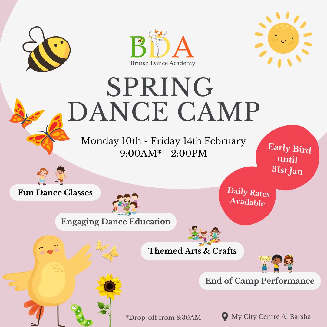 BDA_GCC's tweet image. 🌸 Spring Dance Camp!
📅 Feb 10-14 | ⏰ 9AM-2PM (Drop-off: 8:30-9AM)
👧 Ages: 5-10

Register now: forms.gle/HUUpc9RKqD4ZFV…

#kidsdanceclassesdubai #dubaikidsactivities #danceclassesforkids #adultdanceclasses #britishdanceacademy #danceclasses