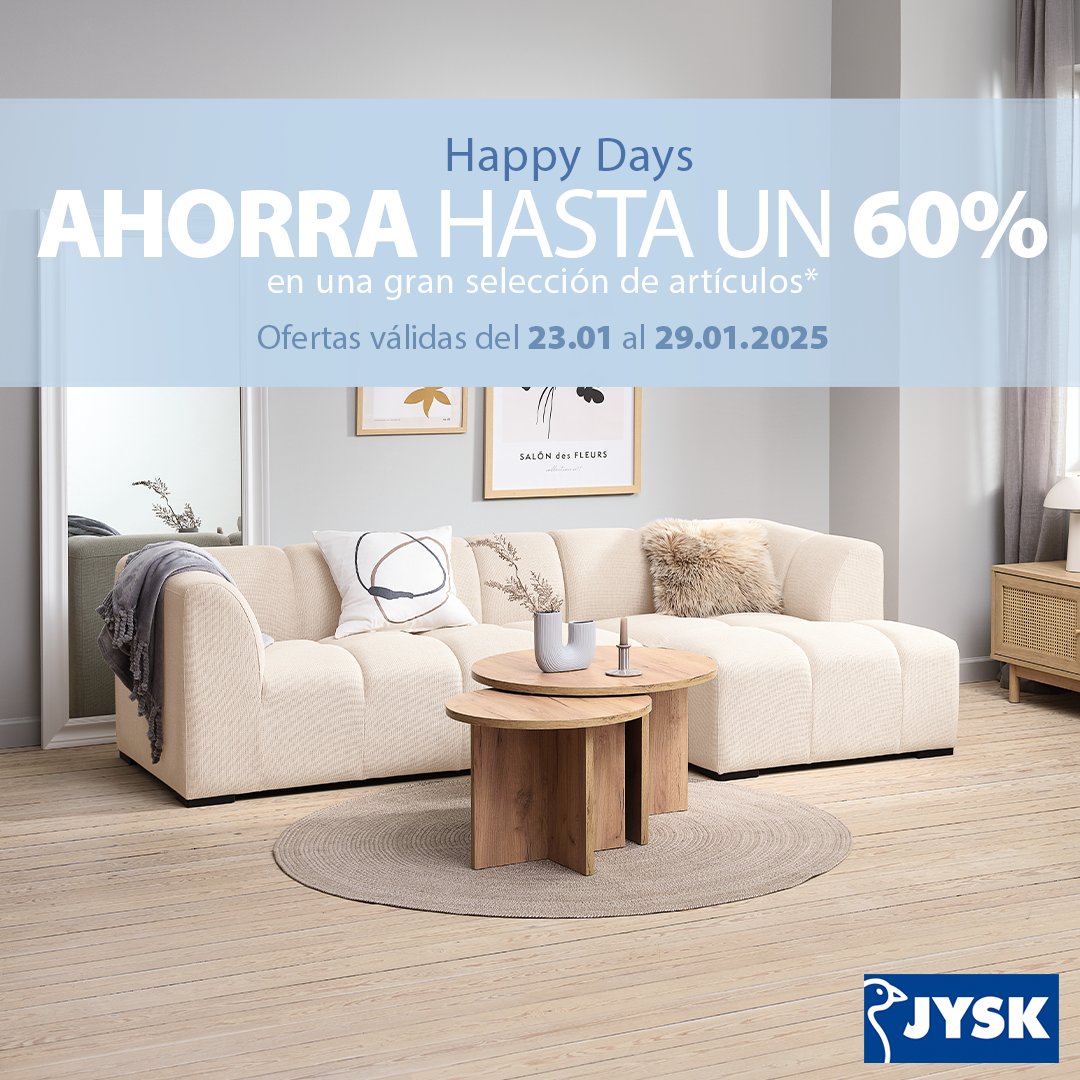 pcbilbondo's tweet photo. Aquí tienes una versión adaptada para Twitter, corta y directa:

🎉 ¡ATENCIÓN! Llegan los HAPPY DAYS a JYSK 🤩
📅 Del hoy al 29 de enero
💥 HASTA UN 60 % DE DESCUENTO en una gran selección de artículos.

✨ ¡Renueva tu hogar al mejor precio! 🏡
👉 Corre, que vuelan. #OfertasJYSK https://t.co/KceILeJdq9