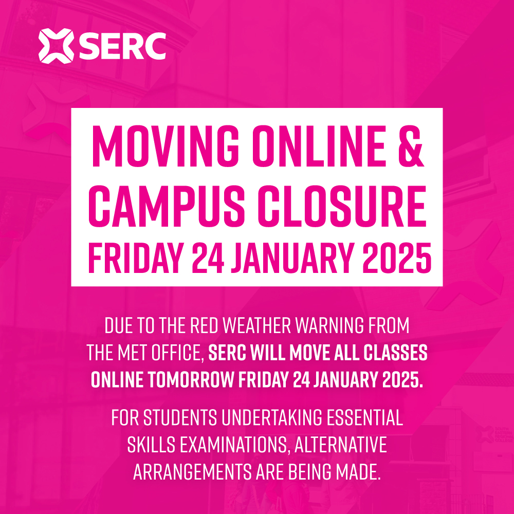 SERC (@s_erc) on Twitter photo Due to the red weather warning from the Met Office, SERC will move all classes online tomorrow Friday 24 January 2025.
For students undertaking Essential Skills examinations, alternative arrangements are being made.
📧 info@serc.ac.uk ☎️ 0345 600 7555 Due to the red weather warning from the Met Office, SERC will move all classes online tomorrow Friday 24 January 2025.
For students undertaking Essential Skills examinations, alternative arrangements are being made.
📧 info@serc.ac.uk ☎️ 0345 600 7555