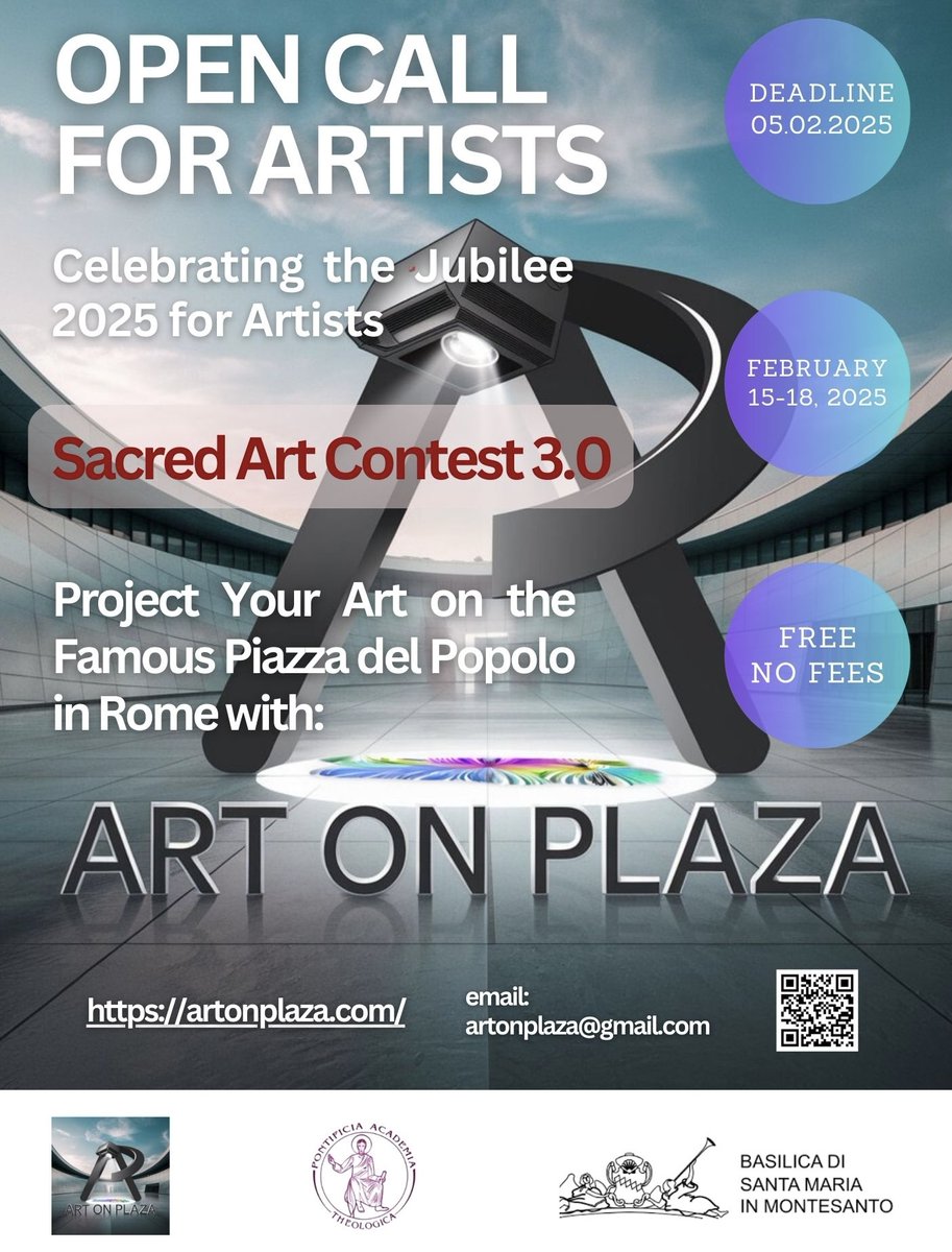 🎨 "Sacred Art 3.0" Contest 🎨 Art on Plaza is pleased to invite you to join our free international contest and have your digital artworks projected on Piazza del Popolo in Rome from February 15th to 18th, 2025 curated by Stefano Favaretto.  
#art #opencall #artists #nft