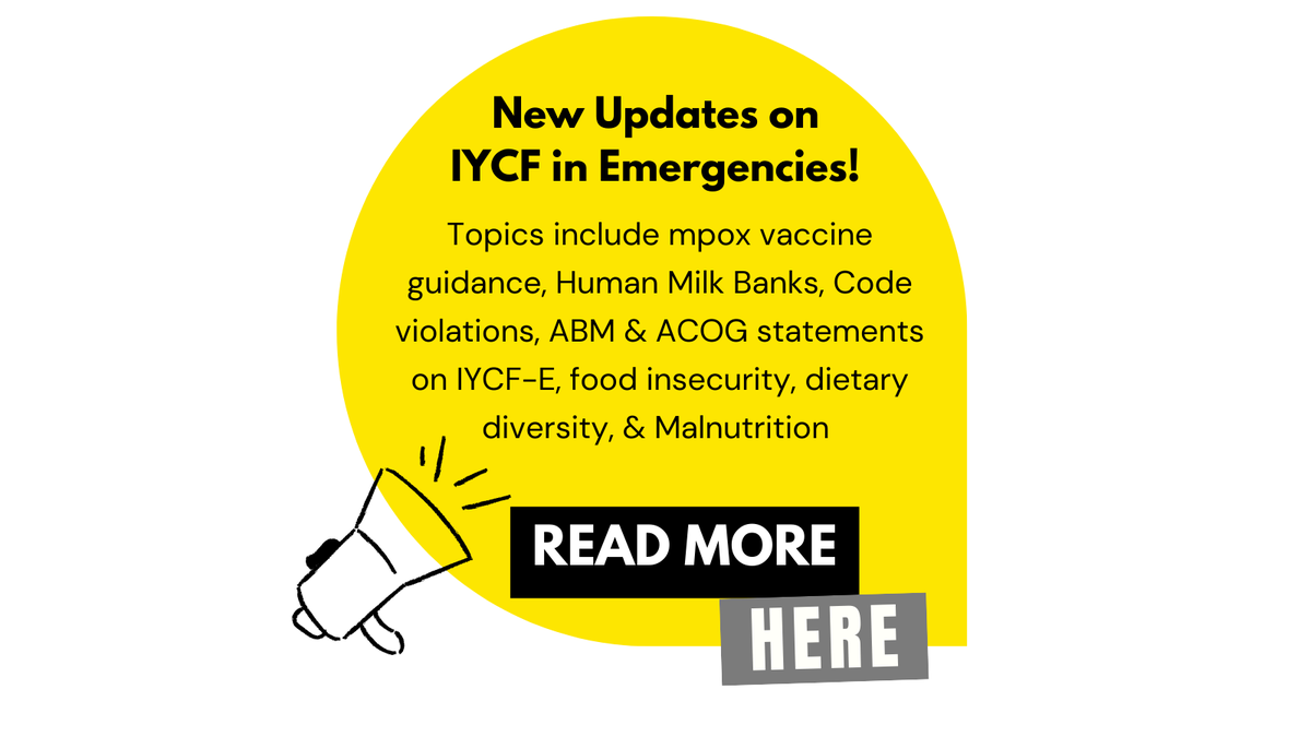 IFE Core Group (@ifecoregroup) on Twitter photo Explore our latest IYCF-E repository!
🌍 Topics include WHO mpox vaccine guidance, CMF violations, Human Milk Banks, position statements from ABM & ACOG, malnutrition & food insecurity. 
🔗 buff.ly/3LBs220
#NutritionInEmergencies #Breastfeeding #IYCFE Explore our latest IYCF-E repository!
🌍 Topics include WHO mpox vaccine guidance, CMF violations, Human Milk Banks, position statements from ABM & ACOG, malnutrition & food insecurity. 
🔗 buff.ly/3LBs220
#NutritionInEmergencies #Breastfeeding #IYCFE