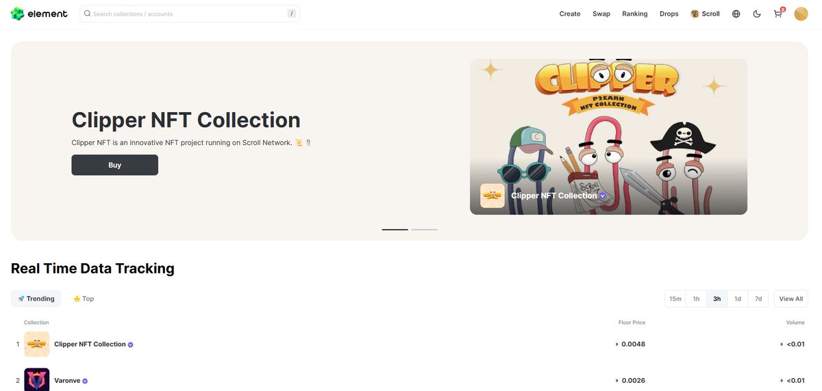 🏆 On the homepage of the Element Market 🌟

Element Market 👉 element.market/collections/cl…

The Clipper NFT collection is on its way to becoming the biggest and most powerful collection in the Scroll network! 🚀

#ClipperNFT #ElementMarket