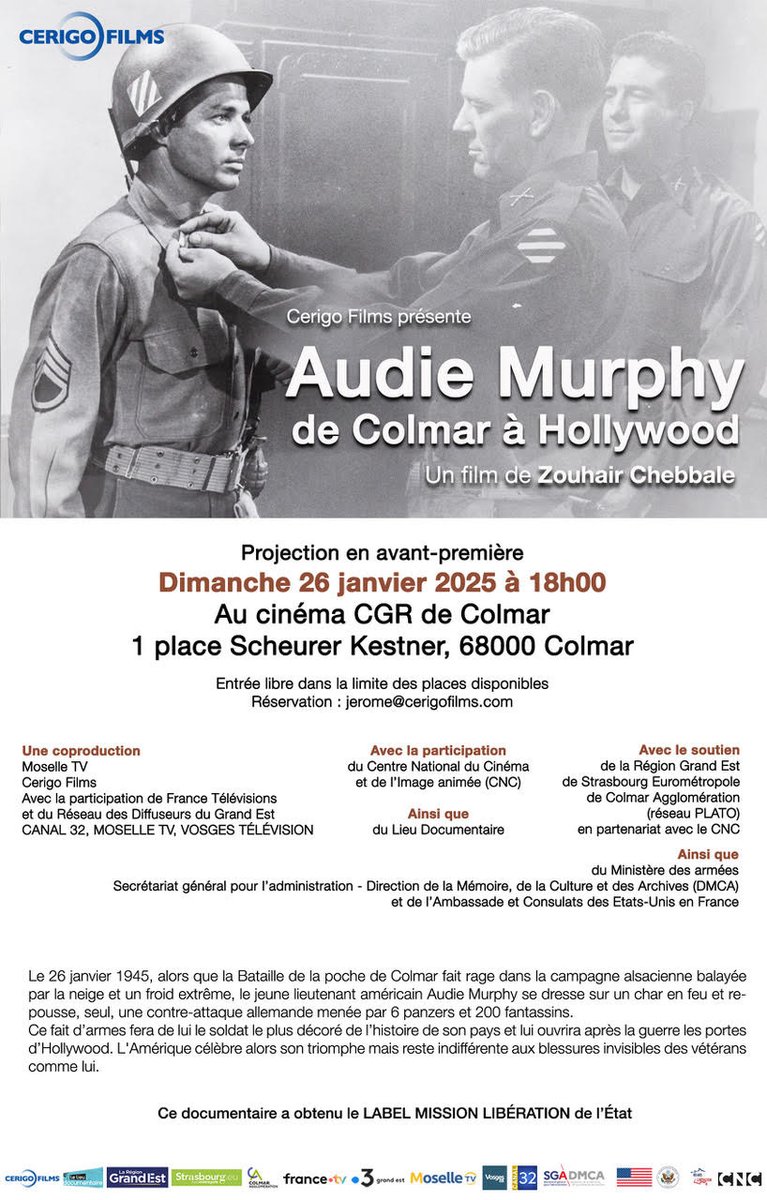 Un destin, une histoire singulière ! Celle d' "Audie Murphy de Colmar à Hollywood". À découvrir !

Projection gratuite en avant-première du documentaire de Zouhair Chebbale
dimanche 26 janvier 2025 à 18h au cinéma CGR Colmar.

Sur invitation 👉 
lelieudocumentaire.fr/projection/aud…