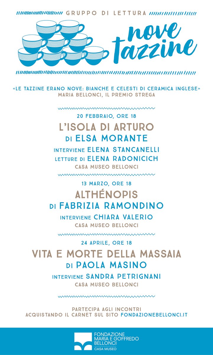 Torna il gruppo di lettura #NoveTazzine! Scopri il programma e partecipa acquistando il carnet di ingressi sul nostro sito, sono disponibili 30 posti per ciascun incontro: fondazionebellonci.it/nove-tazzine/(…