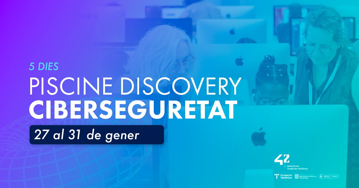 Barcelona Activa (@barcelonactiva) on Twitter photo 🤓Descobreix l’ètica hacker i les seves aplicacions al món professional amb <a href="/42BarcelonaFTef/">42 Barcelona</a>!
Podràs formar-te en ciberseguretat i aprendre tècniques OSINT, vulnerabilitats en web i criptografia.
📅27-31/01
🎓Formació gratuïta i flexible
Reserva plaça: loom.ly/3pATBmc 🤓Descobreix l’ètica hacker i les seves aplicacions al món professional amb <a href="/42BarcelonaFTef/">42 Barcelona</a>!
Podràs formar-te en ciberseguretat i aprendre tècniques OSINT, vulnerabilitats en web i criptografia.
📅27-31/01
🎓Formació gratuïta i flexible
Reserva plaça: loom.ly/3pATBmc
