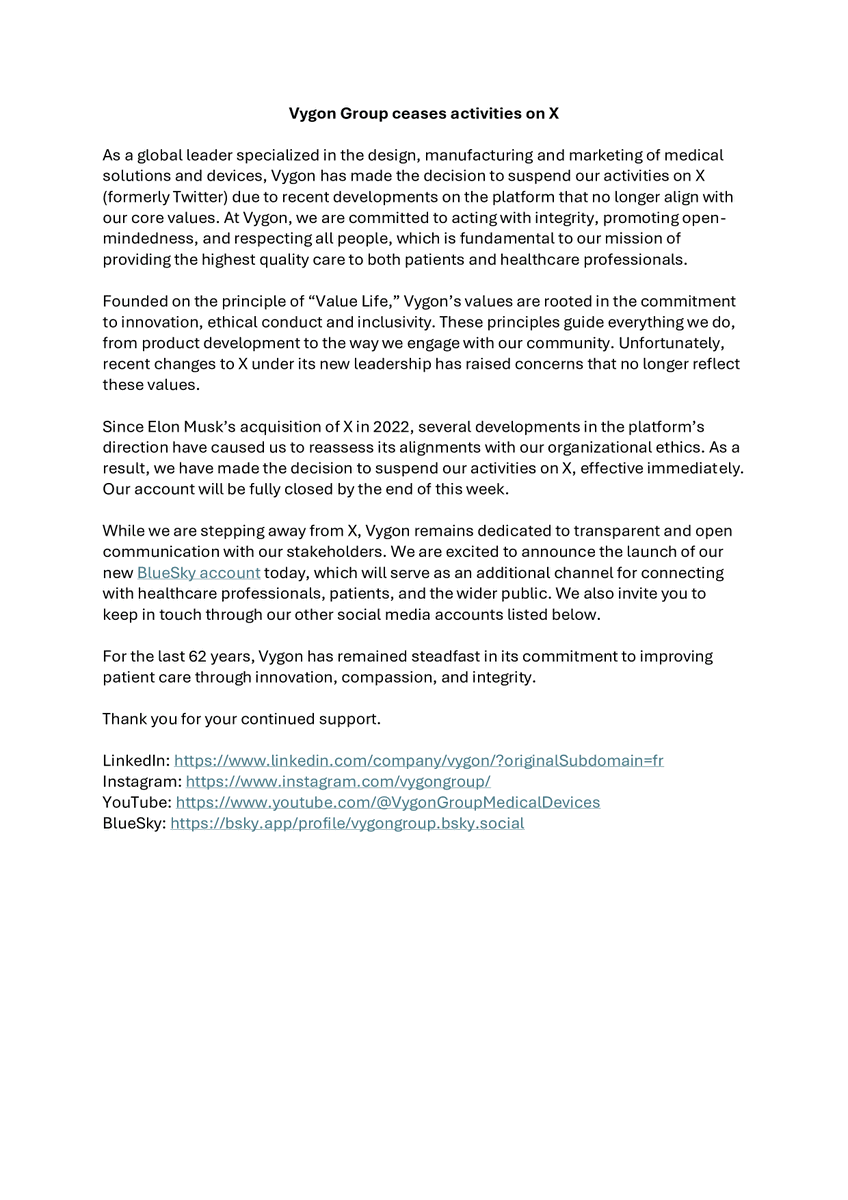 VygonGroup's tweet image. 🚨Due to the recent changes to this platform, we're suspending activities on X and moving to BlueSky!

Our full statement can be read below, in the meantime you can follow us on @BlueSky for the latest news👇
bsky.app/profile/vygong…

#MedTech #Vygon #ValueLife