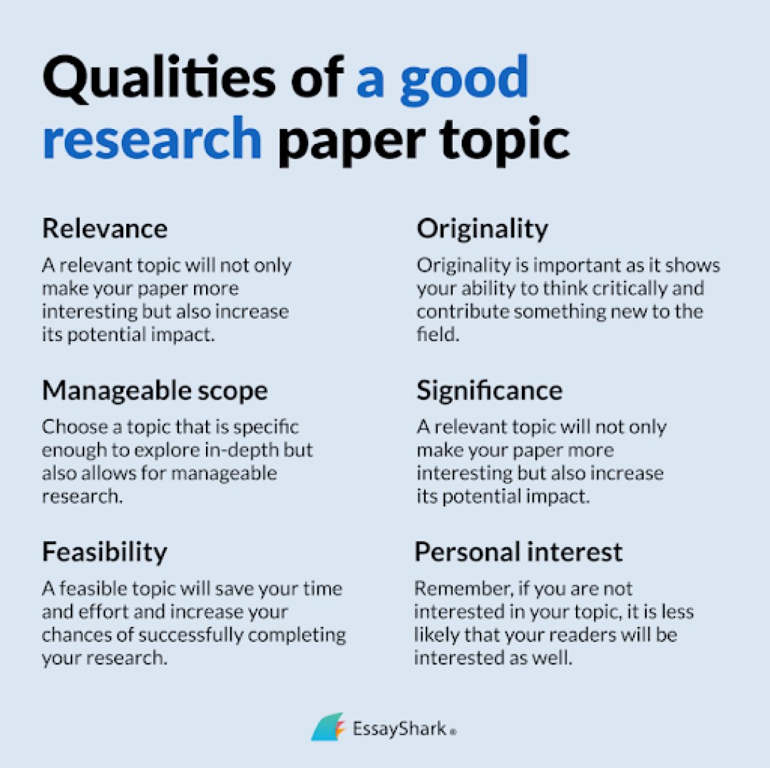 essayshark's tweet image. Choosing the right topic is the first step to crafting a strong research paper. But what makes a topic truly great? 🤔 Here are the main qualities.
#researchpaper #academicwriting #studenttips #essayhelp #essayshark #essaywritingservice #paperwriting #writinghelp