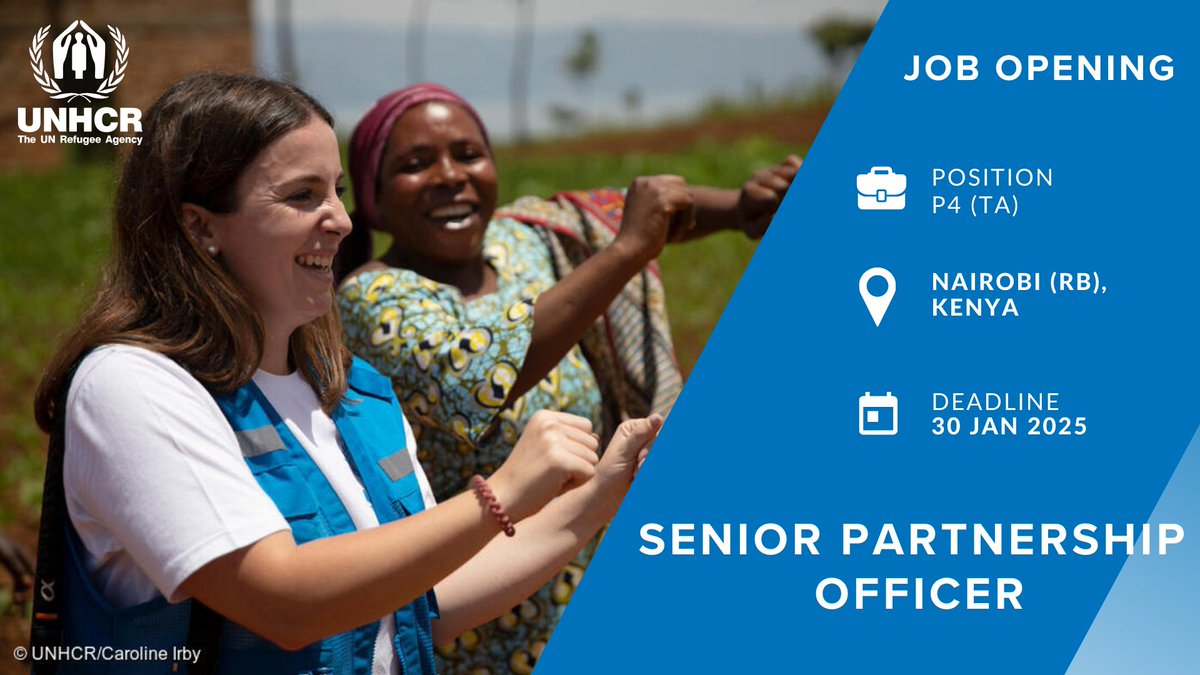 🚨 We are hiring!
🌏 <a href="/Refugees/">UNHCR, the UN Refugee Agency</a> is seeking a Senior Partnership Officer, P4 (TA) in Nairobi (RB), Kenya.
💙If you have at least six years of partnership management experience in an international context, visit unhcr.wd3.myworkdayjobs.com/en-US/External… to apply!

#partnerships