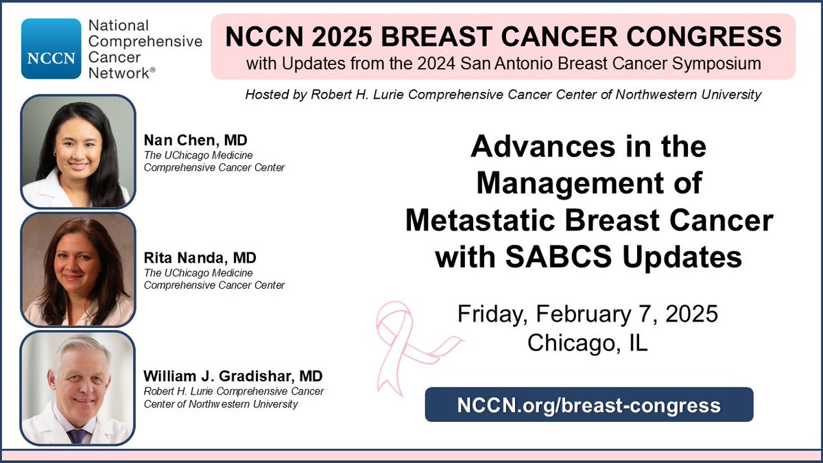 NCCN's tweet photo. Join us at the Breast Cancer Congress on February 7 to hear experts from @UChicagoMed and @LurieCancer discuss advances in the management of metastatic breast cancer with SABCS updates. #BreastCancer #BreastCancerAwareness
Learn more: https://t.co/0WSsZIYNPD https://t.co/9Jt1LooH9W