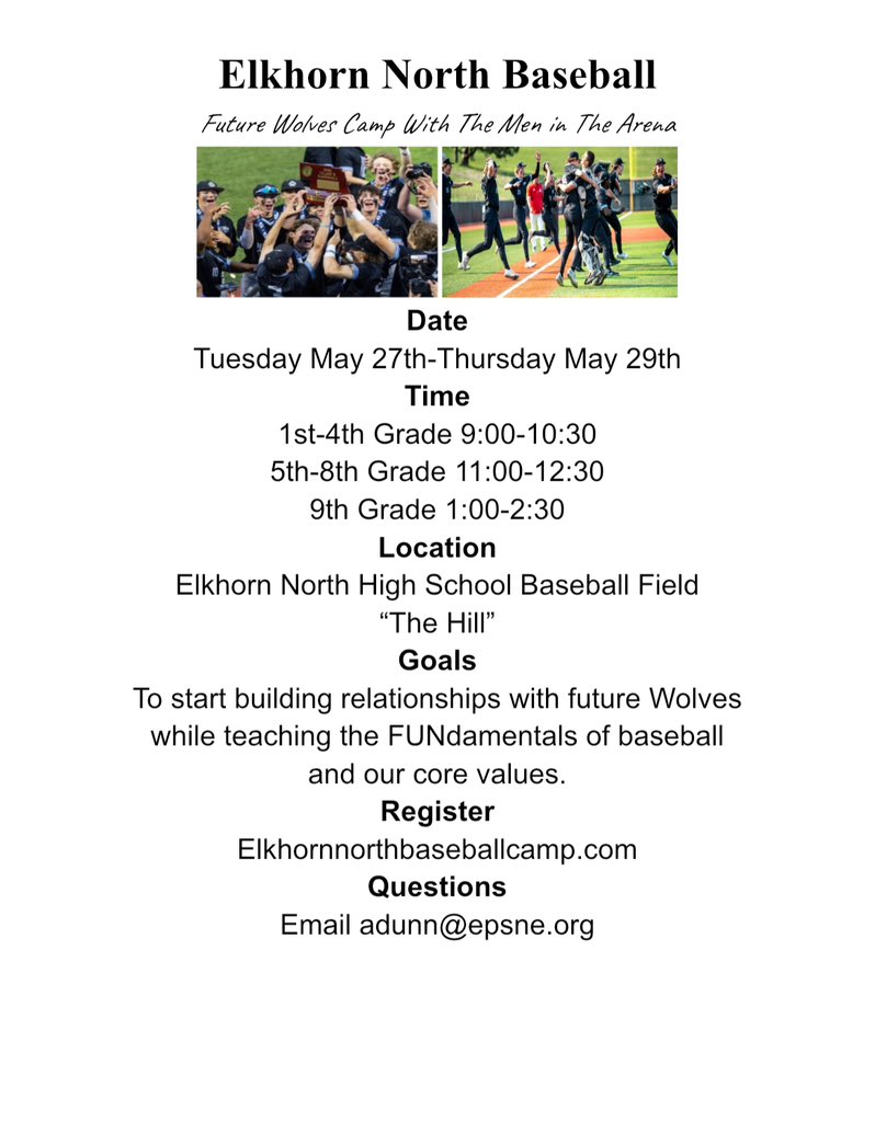 ENHS_Baseball's tweet image. 🚨Youth Camp🚨

Elkhornnorthbaseballcamp.com

Join our players and coaches as we build relationships and develop a love for the game with our future Wolves.

May 27-29

To be 1st-4th — 9-10:30
To be 5th-8th — 11:00-12:30
To be 9th — 1:00-2:30

#ENGLUE