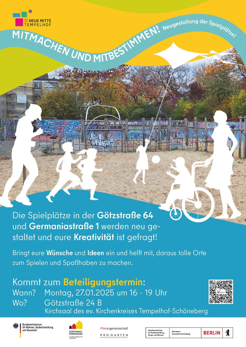 PLGBerlin's tweet photo. #Beteiligung zur #Neugestaltung der #Spielplätze in der Götzstraße 64 und der Germaniastraße 1 in der #NeuenMitteTempelhof am 27.1.2025, ab 16 Uhr im Kirchsaal des Kirchenkreises, Götzstraße 24 B.   #NachhaltigeErneuerung #Tempelhof https://t.co/c26twVMi1r