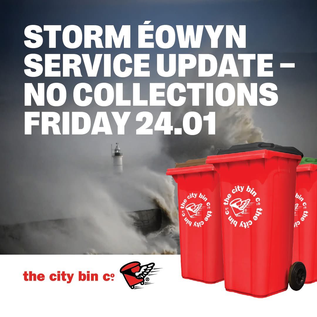 Due to the Red Weather Alert in operation countrywide for tomorrow (Friday 24.01) we will not be collecting as scheduled. For any customers with collections due on Friday, we will instead collect on Saturday. We apologise for this inconvenience, but we must prioritise safety.