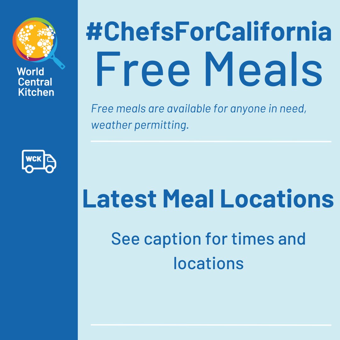 Updated meal locations available for 1/23/25: WCK will have free meals available in California for first responders and community members impacted by the Southern California wildfires at the locations listed here: wck.org/ca-meals. Share with anyone in the area in need of