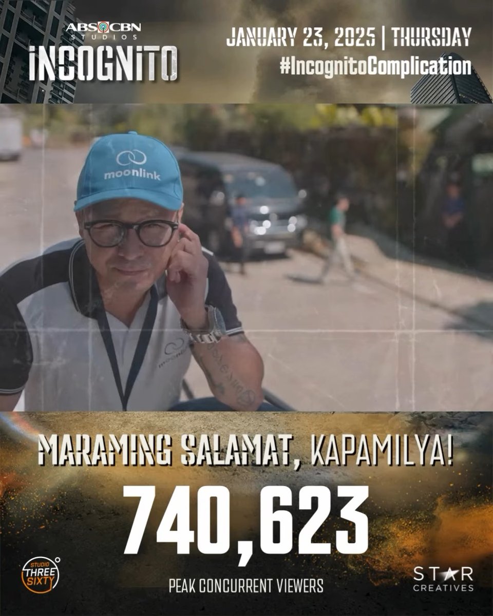 DRPSPHCA's tweet photo. BREAKING: #Incognito, ABS-CBN, Star Creatives and Studio Three Sixty-produced series, have just breached an another all-time high of 740,623 on Kapamilya Online Live.
The previous all-time high they got was 684,917 from the January 21, 2025 episode. #INCOGNITOComplication https://t.co/cWFvSn2UQ8
