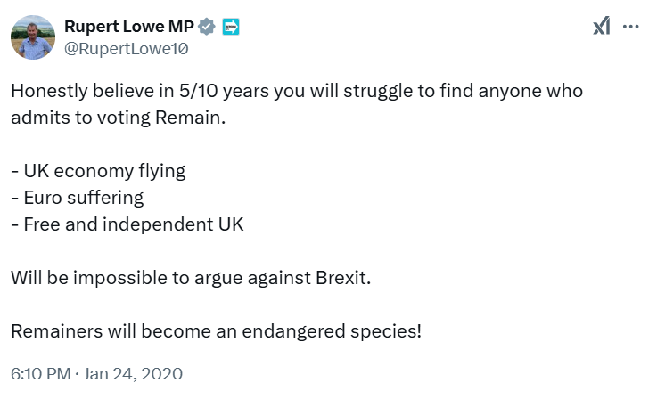 It's the 5 year anniversary of <a href="/RupertLowe10/">Rupert Lowe MP</a> saying this tomorrow.

"It will be impossible to argue against Brexit".

"You will struggle to find anyone who admits to voting Remain."

What do you think?