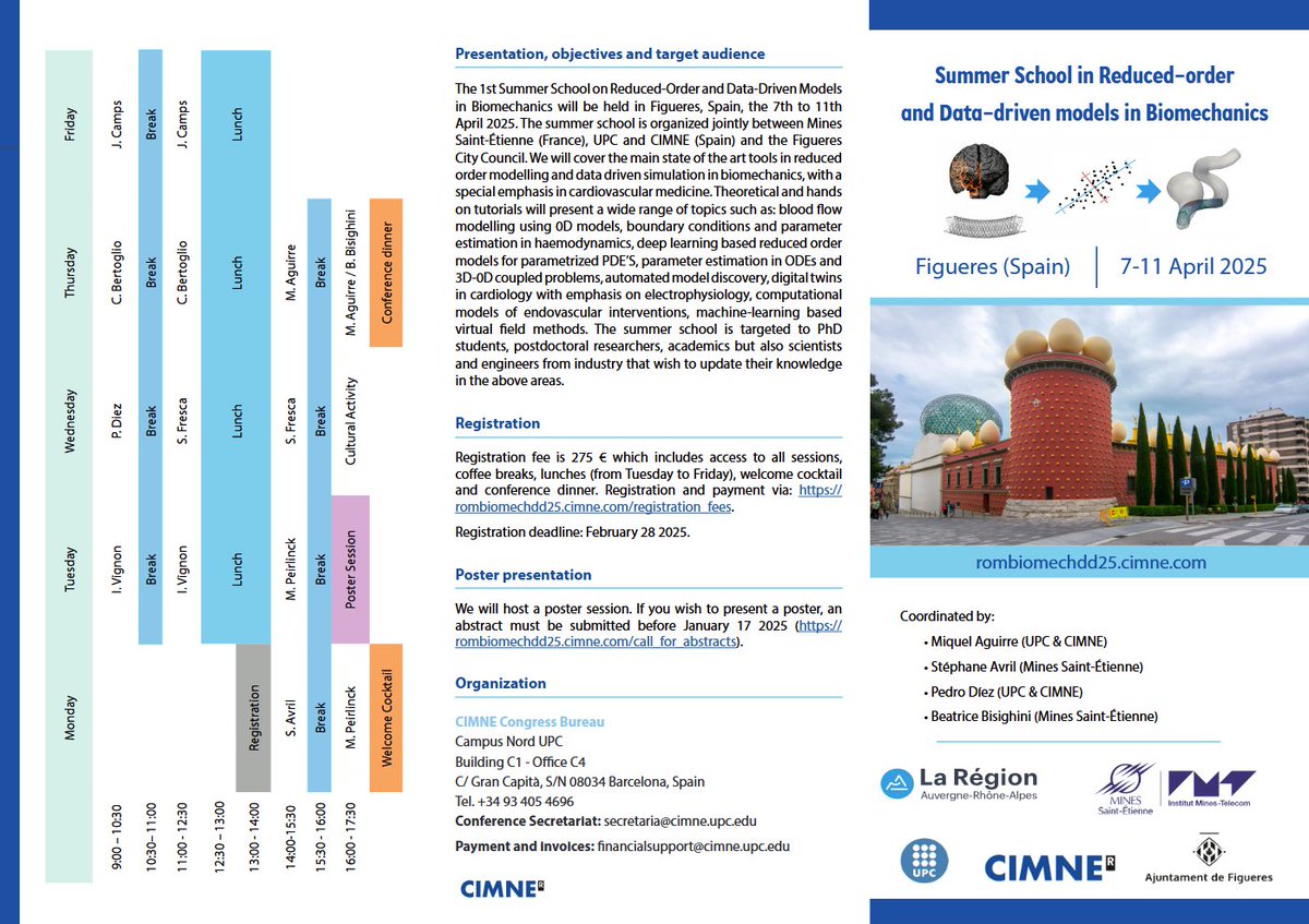 🔎Please check the definitive programme for our Summer School in Reduced-Order &amp; Data-Driven Models in Biomechanics (Figueres, Spain 7-11 April 2025). 

👩‍🎓Up to 50 students. 

📅Deadline for registration: 28th Februrary 2025. 

rombiomechdd25.cimne.com