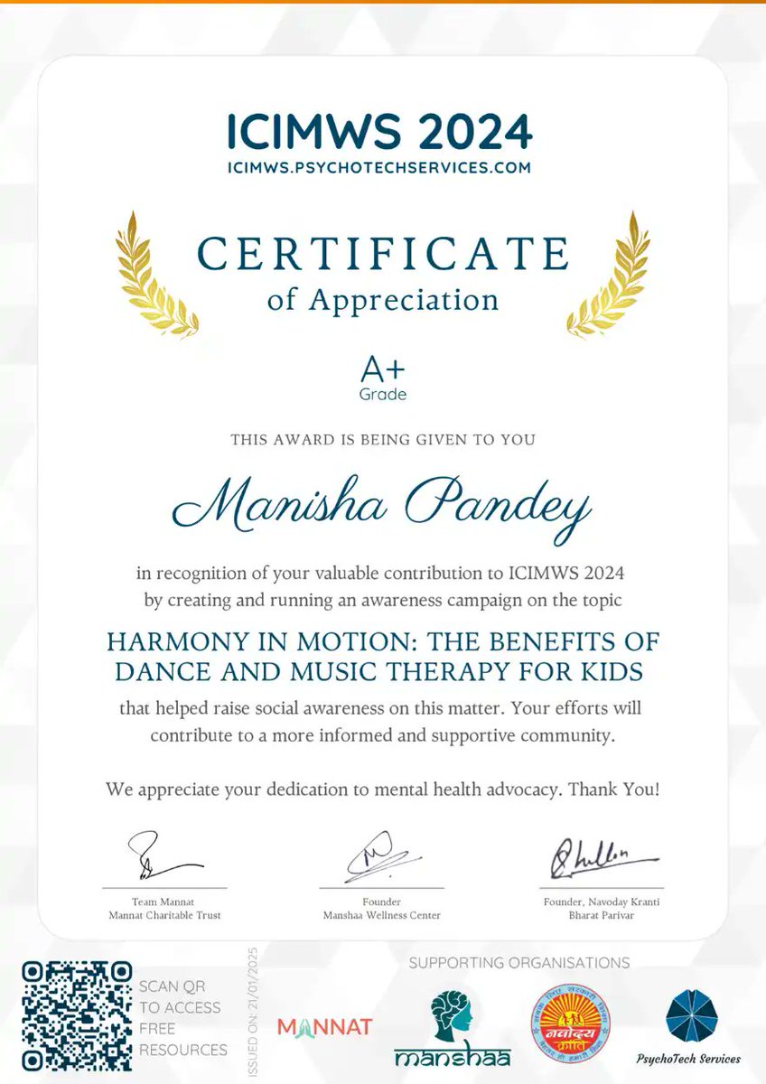PsyLearners's tweet photo. Today, we'd like to congratulate Manisha Pandey for successfully completing her #ICIMWS awareness campaign on HARMONY IN MOTION: EXPLORING THE BENEFITS OF DANCE AND MUSIC THERAPY FOR KIDS.  🎉 🎊 Watch >> https://t.co/JsTDtiTAxy

Manisha, thankyou for your contribution! 👏 🥳 https://t.co/auWcpYwgT9