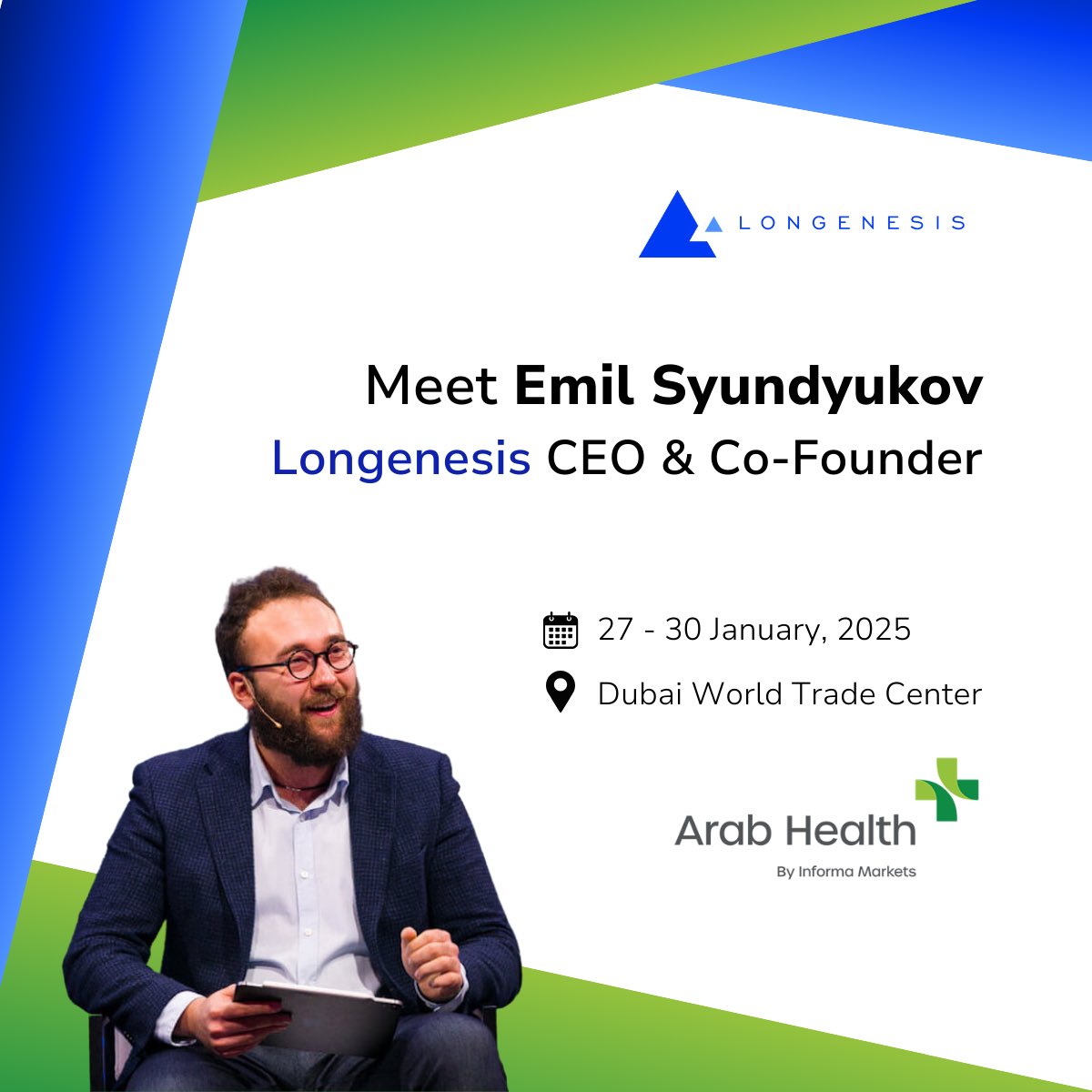 Longenesis's tweet photo. Meet @esyundyukov , at the Arab Health Exhibition 2025 next week! 🇦🇪 ☀️ 

If you’re attending and interested in discussing innovation in healthcare, feel free to reach out to arrange a meeting! 🤝

📅 27 - 30 January 2025
📍 Dubai World Trade Center, UAE

#ArabHealth2025 https://t.co/ns78n3Bq59