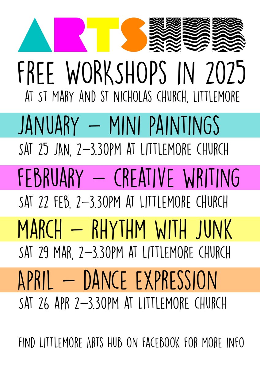 Littlemore Arts Hub: Creative arts workshops
St Mary &amp; St Nicholas Church
Saturday 25th January, 2pm-3:30pm
Create mini paintings using discarded materials.
Plus, more workshops each month, see their page for more details: facebook.com/profile.php?id… #LocalArts #Oxford