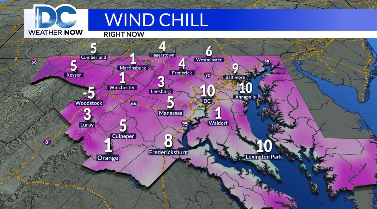 WeatherJackie's tweet image. 6:30AM Thursday: Most are waking up to the single digits this AM, while DC is the relatively warmest spot on the map at 17°.  

Although it's another frigid start, at least wind chills are not as drastic as yesterday AM. #LayerUp #bundleup #brrr #DCwx #DCNewsNow