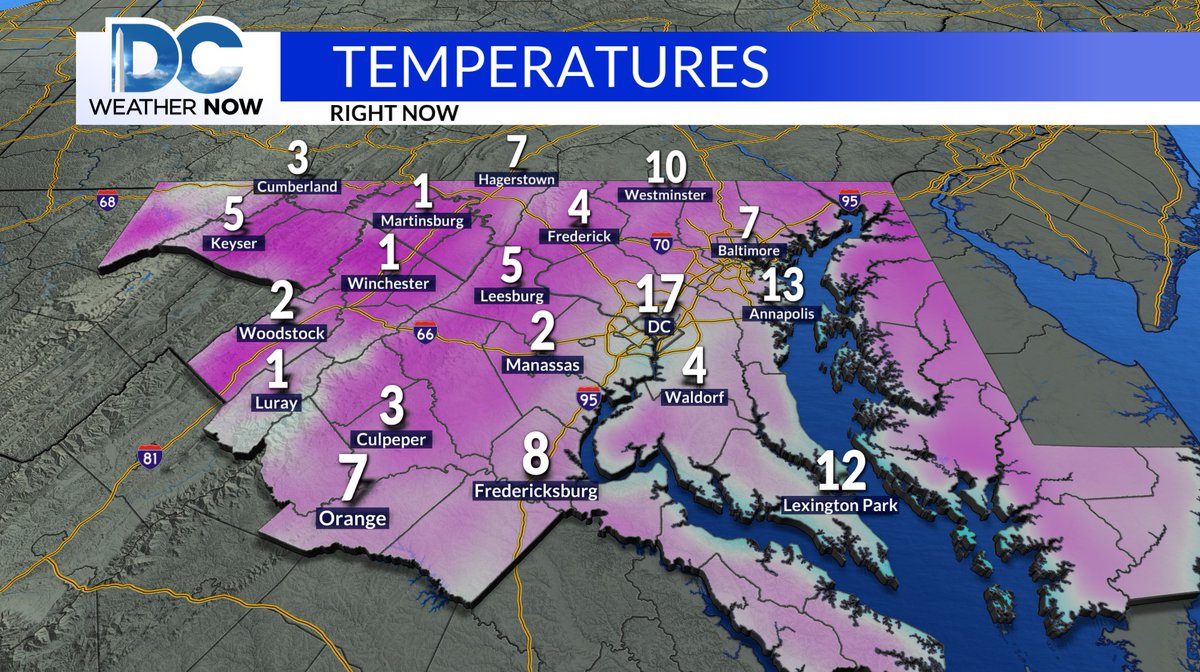 WeatherJackie's tweet image. 6:30AM Thursday: Most are waking up to the single digits this AM, while DC is the relatively warmest spot on the map at 17°.  

Although it's another frigid start, at least wind chills are not as drastic as yesterday AM. #LayerUp #bundleup #brrr #DCwx #DCNewsNow