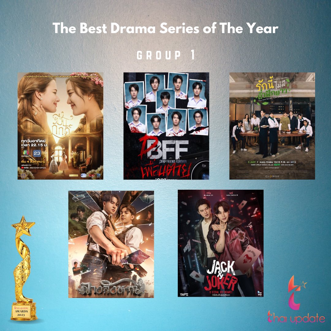thaiupdate2021's tweet photo. The Best Drama Series of The Year (Group 1)

Vote Here 👉🏻 https://t.co/hkpJSp2Q79

🎥 #theloyalpin #freenbecky 
🎥 #deadfriendforever #nakunta #barcodetin
🎥 #thislovedoesnthavelongbean #SailubPon
🎥 #thesign #billybabe 
🎥 #jackandjoker #yinwar 

#thaiupdate2019 
#thaiupdateawards2025