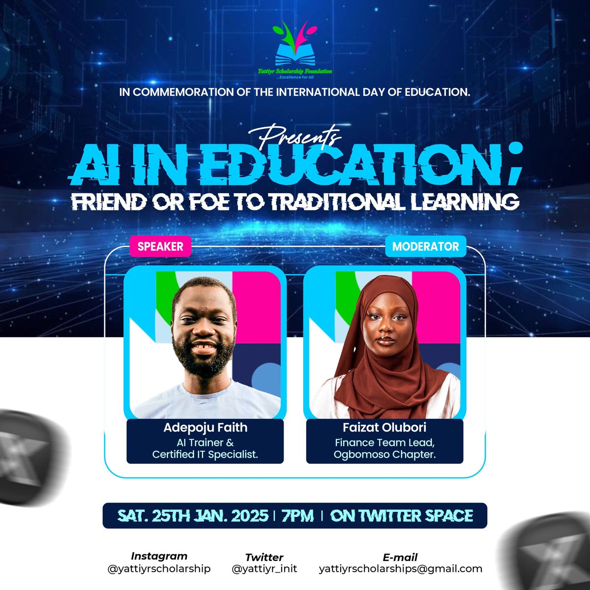 Yattiyr_Init's tweet photo. Join us on Twitter space by 7pm on Saturday to tackle the debate: Is AI in Education a Friend or Foe to Traditional Learning? with @FaithDanAdepoju , a renowned AI trainer and certified IT specialist. 

Follow us to stay updated on further details. Don't miss this for anything! https://t.co/HgfDG9AwlE